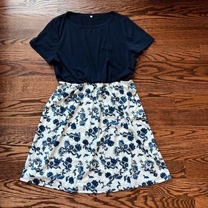 Navy and Blue China Print T-Shirt Dress